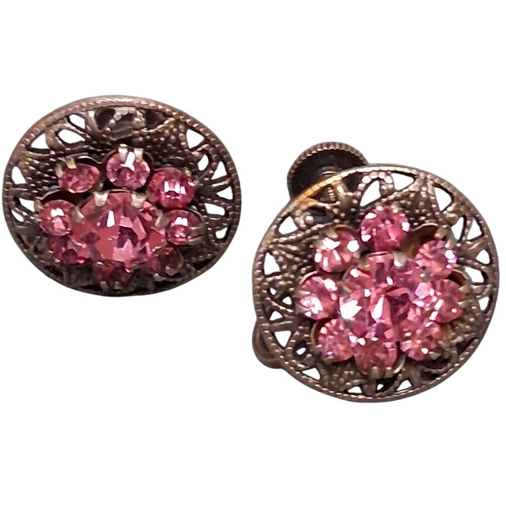 Vintage Pink Rhinestone Flower Earrings Round Filigree Screw Backs